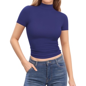 image:imageMANGOPOP Womens Turtleneck Mock Neck Shirt Double Lined Long Sleeve Short Sleeve Tops for Women Basic T Shirts Tight Tee05 Short Sleeve Deep Blue