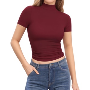 image:imageMANGOPOP Womens Turtleneck Mock Neck Shirt Double Lined Long Sleeve Short Sleeve Tops for Women Basic T Shirts Tight Tee06 Short Sleeve Burgundy