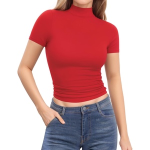 image:imageMANGOPOP Womens Turtleneck Mock Neck Shirt Double Lined Long Sleeve Short Sleeve Tops for Women Basic T Shirts Tight Tee07 Short Sleeve Red