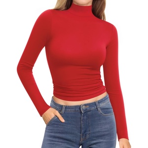 image:imageMANGOPOP Womens Turtleneck Mock Neck Shirt Double Lined Long Sleeve Short Sleeve Tops for Women Basic T Shirts Tight Tee09 Long Sleeve Red