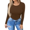 image:imageMANGOPOP Round Neck Long Sleeve Short Sleeve Bodysuits for Women Basic Body Suit Shirts TopsWarm Fleece Coffee