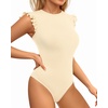 image:imageMANGOPOP Womens Body Suits Cute Crew Neck Ruffle Sleeveless Slim Fit Bodysuit Tank Tops Tight Casual SexyBeige