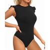 image:imageMANGOPOP Womens Body Suits Cute Crew Neck Ruffle Sleeveless Slim Fit Bodysuit Tank Tops Tight Casual SexyBlack