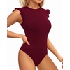 image:imageMANGOPOP Womens Body Suits Cute Crew Neck Ruffle Sleeveless Slim Fit Bodysuit Tank Tops Tight Casual SexyBurgundy