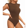 image:imageMANGOPOP Womens Body Suits Cute Crew Neck Ruffle Sleeveless Slim Fit Bodysuit Tank Tops Tight Casual SexyCoffee