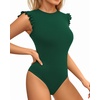 image:imageMANGOPOP Womens Body Suits Cute Crew Neck Ruffle Sleeveless Slim Fit Bodysuit Tank Tops Tight Casual SexyDark Green