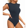 image:imageMANGOPOP Womens Body Suits Cute Crew Neck Ruffle Sleeveless Slim Fit Bodysuit Tank Tops Tight Casual SexyDeep Blue