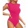 image:imageMANGOPOP Womens Body Suits Cute Crew Neck Ruffle Sleeveless Slim Fit Bodysuit Tank Tops Tight Casual SexyHot Pink