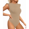 image:imageMANGOPOP Womens Body Suits Cute Crew Neck Ruffle Sleeveless Slim Fit Bodysuit Tank Tops Tight Casual SexyMocha