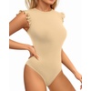 image:imageMANGOPOP Womens Body Suits Cute Crew Neck Ruffle Sleeveless Slim Fit Bodysuit Tank Tops Tight Casual SexyNude