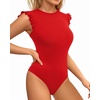 image:imageMANGOPOP Womens Body Suits Cute Crew Neck Ruffle Sleeveless Slim Fit Bodysuit Tank Tops Tight Casual SexyRed