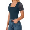 image:imageMANGOPOP Womens Bodysuit Square Neck Ruffle Flutter Sheer Mesh Short Sleeve Slim Fit Blouse Body Suits Tops CasualDeep Blue
