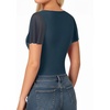 image:imageMANGOPOP Womens Bodysuit Square Neck Ruffle Flutter Sheer Mesh Short Sleeve Slim Fit Blouse Body Suits Tops CasualDeep Blue