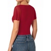 image:imageMANGOPOP Womens Bodysuit Square Neck Ruffle Flutter Sheer Mesh Short Sleeve Slim Fit Blouse Body Suits Tops CasualWine Red