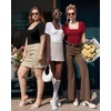 image:imageMANGOPOP Womens Bodysuit Square Neck Ruffle Flutter Sheer Mesh Short Sleeve Slim Fit Blouse Body Suits Tops CasualWine Red
