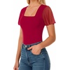 image:imageMANGOPOP Womens Bodysuit Square Neck Ruffle Flutter Sheer Mesh Short Sleeve Slim Fit Blouse Body Suits Tops CasualWine Red