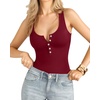 image:imageMANGOPOP Womens Henley Shirt Scoop Neck Button Down Ribbed Bodysuits Sleeveless Tank Tops Body SuitDtank Top Burgundy