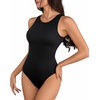 image:imageMANGOPOP Womens Tank Tops Bodysuit Double Lined Crew Neck Thong Body Suit Sleeveless Halter Fitted Top01 Black