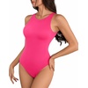 image:imageMANGOPOP Womens Tank Tops Bodysuit Double Lined Crew Neck Thong Body Suit Sleeveless Halter Fitted Top11 Hot Pink