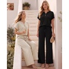 image:imageMANGOPOP Womens Two Piece Lounge Set Henley VNeck Short Sleeve Top Wide Leg NineQuarter Pants Casual Chic VacationBlack