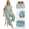 image:imageMANGOPOP Womens Two Piece Lounge Set Henley VNeck Short Sleeve Top Wide Leg NineQuarter Pants Casual Chic VacationBlue