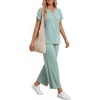 image:imageMANGOPOP Womens Two Piece Lounge Set Henley VNeck Short Sleeve Top Wide Leg NineQuarter Pants Casual Chic VacationBlue