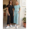 image:imageMANGOPOP Womens Two Piece Lounge Set Henley VNeck Short Sleeve Top Wide Leg NineQuarter Pants Casual Chic VacationBlue
