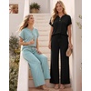 image:imageMANGOPOP Womens Two Piece Lounge Set Henley VNeck Short Sleeve Top Wide Leg NineQuarter Pants Casual Chic VacationBlue