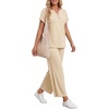 image:imageMANGOPOP Womens Two Piece Lounge Set Henley VNeck Short Sleeve Top Wide Leg NineQuarter Pants Casual Chic VacationKhaki