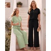 image:imageMANGOPOP Womens Two Piece Lounge Set Henley VNeck Short Sleeve Top Wide Leg NineQuarter Pants Casual Chic VacationSage Green