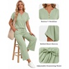 image:imageMANGOPOP Womens Two Piece Lounge Set Henley VNeck Short Sleeve Top Wide Leg NineQuarter Pants Casual Chic VacationSage Green