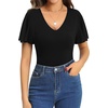 image:imageMANGOPOP Womens V Neck Short Sleeve Bodysuits Ruffle Puff Sleeve Body suit Sexy Going Out Tops01 Black