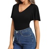 image:imageMANGOPOP Womens V Neck Short Sleeve Bodysuits Ruffle Puff Sleeve Body suit Sexy Going Out Tops01 Black