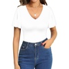 image:imageMANGOPOP Womens V Neck Short Sleeve Bodysuits Ruffle Puff Sleeve Body suit Sexy Going Out Tops02 White