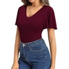 image:imageMANGOPOP Womens V Neck Short Sleeve Bodysuits Ruffle Puff Sleeve Body suit Sexy Going Out TopsBurgundy