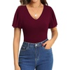 image:imageMANGOPOP Womens V Neck Short Sleeve Bodysuits Ruffle Puff Sleeve Body suit Sexy Going Out TopsBurgundy