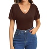 image:imageMANGOPOP Womens V Neck Short Sleeve Bodysuits Ruffle Puff Sleeve Body suit Sexy Going Out TopsCoffee