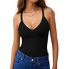 image:imageMANGOPOP Womens V Neck Tank Top Bodysuits Racerback Slim Fit Sleeveless Body suit Sexy Spaghetti Strap Ribbed Tops01 Black