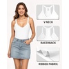 image:imageMANGOPOP Womens V Neck Tank Top Bodysuits Racerback Slim Fit Sleeveless Body suit Sexy Spaghetti Strap Ribbed Tops02 Creamy White