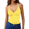 image:imageMANGOPOP Womens V Neck Tank Top Bodysuits Racerback Slim Fit Sleeveless Body suit Sexy Spaghetti Strap Ribbed TopsBright Yellow