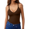 image:imageMANGOPOP Womens V Neck Tank Top Bodysuits Racerback Slim Fit Sleeveless Body suit Sexy Spaghetti Strap Ribbed TopsCoffee