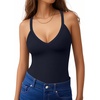 image:imageMANGOPOP Womens V Neck Tank Top Bodysuits Racerback Slim Fit Sleeveless Body suit Sexy Spaghetti Strap Ribbed TopsDeep Blue