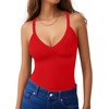 image:imageMANGOPOP Womens V Neck Tank Top Bodysuits Racerback Slim Fit Sleeveless Body suit Sexy Spaghetti Strap Ribbed TopsRed