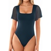 image:imageMANGOPOP Womens Bodysuit Square Neck Ruffle Flutter Sheer Mesh Short Sleeve Slim Fit Blouse Body Suits Tops CasualDeep Blue