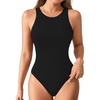 image:imageMANGOPOP Womens Tank Tops Bodysuit Double Lined Crew Neck Thong Body Suit Sleeveless Halter Fitted Top01 Black