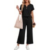 image:imageMANGOPOP Womens Two Piece Lounge Set Henley VNeck Short Sleeve Top Wide Leg NineQuarter Pants Casual Chic VacationBlack