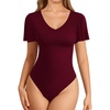 image:imageMANGOPOP Womens V Neck Short Sleeve Bodysuits Ruffle Puff Sleeve Body suit Sexy Going Out TopsBurgundy