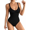image:imageMANGOPOP Womens V Neck Tank Top Bodysuits Racerback Slim Fit Sleeveless Body suit Sexy Spaghetti Strap Ribbed Tops01 Black