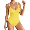 image:imageMANGOPOP Womens V Neck Tank Top Bodysuits Racerback Slim Fit Sleeveless Body suit Sexy Spaghetti Strap Ribbed TopsBright Yellow