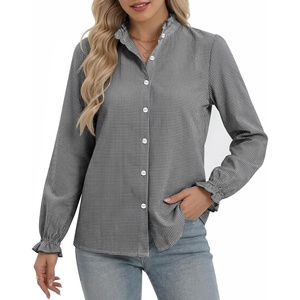 image:imageMANGOPOP Button Down Shirts for Women Long Sleeve Plaid Shirts Ruffle Blouses Business Casual Gingham Tops 2026 Trendy OutfitAblack